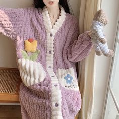 2024 Autumn Winter Women Warm Flannel Robe Ladies Soft Bathrobe Female Long Sleeve Dressing Gown Long Robes, Home Dress Women, Flannel Robe, Bath Robes For Women, Lounge Robes, Fleece Cardigan, Winter Pajamas, Flannel Women, Home Dress