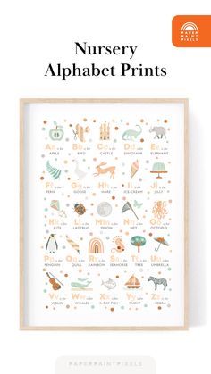 the nursery alphabet print is displayed in a wooden frame, with an orange and white background