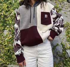 Art On Sweatshirt, Sweaters With Patches, Too Small Sweatshirt Refashion, Sewing Hoodies Ideas, Sweatshirt Diy Upcycling, Carhartt Reworked Jacket, Patchwork Hoodie Pattern, Repurpose Hoodie, Upcycled Jackets Diy