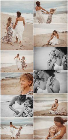 the mother and daughter are playing on the beach with their hands in each other's pockets