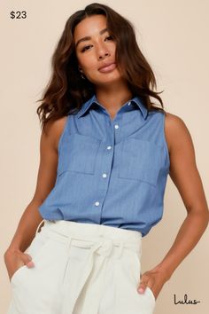 From everyday looks to flirty 'fits, the Lulus Effortless Selection Blue Chambray Sleeveless Button-Up Top is the perfect option! Lightweight stretch-woven chambray-inspired fabric shapes this casually chic top that has a collared neckline and a functional button placket at the front. Twin patch pockets accent the bodice to complete the look. Fit: This garment fits true to size. Length: Size medium measures 25.5" from shoulder to hem. Bust: Great for any cup size. Waist: Loosely Fitted. Undergarments: May be worn with a strapless bra, adhesive bra, petals, or no bra. Fabric: Fabric has some stretch. Unlined. 80% Polyester, 15% Rayon, 5% Spandex. Hand Wash Cold. Do Not Bleach. Hang to Dry. Imported. Lulus | Effortless Selection Blue Chambray Sleeveless Button-Up Top. Summer Denim Top For Workwear, Sleeveless Denim Blue Top With Buttons, Summer Denim Vest With Buttons For Workwear, Sleeveless Blue Denim Top For Work, Summer Cotton Top For Work, Summer Cotton Denim-style Top For Workwear, Summer Cotton Denim Top For Work, Summer Blue Denim Top For Work, Blue Denim Top For Summer Workwear