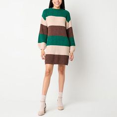 You'll love this wide striped women's and junior's sweater dress from by&by for its cozy oversized aesthetic and earthy colors perfect for the cooler months. Made from a soft ribbed knit with a hint of stretch, this short pullover dress has a crew neck and long drop-shoulder sleeves. Wear it with mary janes or boots. Closure Type: Pullover HeadNeckline: Crew NeckSleeve Length: Long SleeveSleeve Style: Drop-Shoulder SleeveApparel Length: 34 InchesDress Length: Short LengthFiber Content: 99% Polye Short Pullover, Oversized Aesthetic, Striped Sweater Dress, Sweater Dresses, Large Dress, Medium Dress, Sweater Dress Women, Small Dress, Earthy Colors