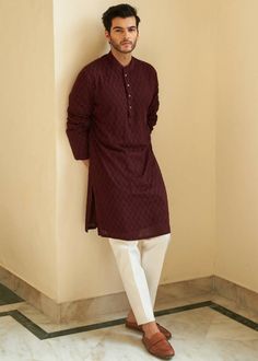 Wine chikankari kurta set with pants. Wine Colour Kurta For Men, Chikankari Kurta