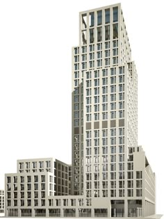 an architectural rendering of a tall building with many windows and balconies on each floor