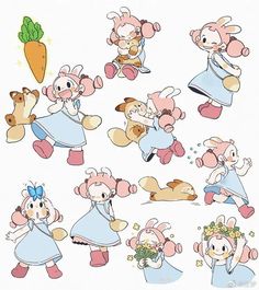 several cartoon animals dressed in blue dresses and holding carrots, as well as flowers