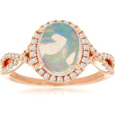 Royal 14K Rose Gold Oval Opal Ring with Diamond Halo and Twisted Band - 1.70 Carat Opal, 0.30 Carat Total Diamond Weight Oval Opal Ring, Opal And Diamond Ring, Opal Diamond Ring, Reflecting Light, Twisted Band, Ring With Diamond, Detailed Ring, Opal Ring, Love Ring