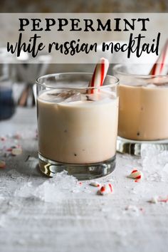 peppermint white russian cocktail in glasses with candy canes and crushed sugar on the side