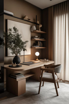 a desk with a chair, lamp and vase on it in front of a window