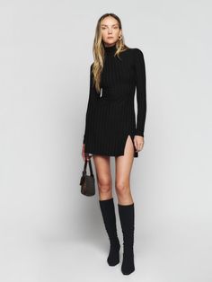 For all your morning, afternoon, and evening situations. The Libra is form fitting throughout with a mock neck and a small side slit. Black Strappy Heels, Reformation Dress, Full Dress, Long Sleeve Knit Dress, Ribbed Knit Dress, Basic Dress, Dress Silhouette, Leather Blazer, Short En Jean