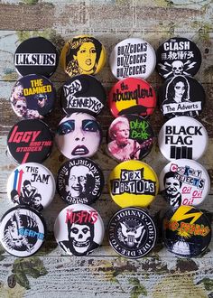 "80s Goth Punk Rock! An awesome grouping of 20 handmade 1.25\"  70s Punk Rock Goth pin back buttons.  Made in Oregon with materials purchased through a USA parts distributor.  PINS ARE CRISP AND CLEAR WITH BRIGHT COLOR. WHITES ARE WHITE AND NOT DULL. Pins are hard to photo capture, color and quality are better than shown. Thank-you for looking!" Punk Accessories 70s, Punk Rock Accessories, 70s Punk Outfits, Punk Fashion 70s, 70s Punk Fashion, 70s Punk Aesthetic, Punk Buttons, 80s Punk Fashion, 1980s Punk