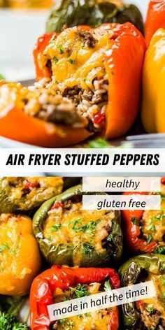 two different types of stuffed peppers with the words air fryer stuffed peppers healthy gluten free made in half the time