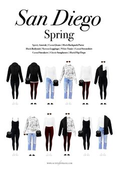 an advertisement for the san diego spring 2013 collection, featuring jeans and sweaters in different colors