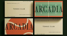 four business cards designed to look like tennis courts and the words arcadia on each card