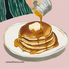 a painting of pancakes being drizzled with syrup by a woman's hand