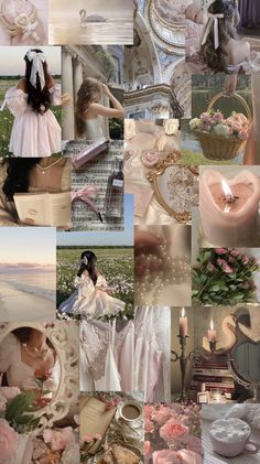 a collage of photos with pink and white flowers, candles, dresses, and other items