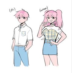 two anime characters standing next to each other with their hands on their hipss and one has pink hair