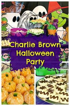 charlie brown halloween party with oranges, cookies and other treats on the table in front of them