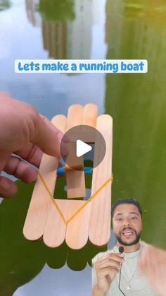 a man is making a wooden boat out of popsicle sticks and paper with the caption let's make a running boat