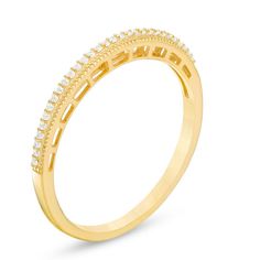 Say "I do" as you slip this sparkling vintage-inspired band on her waiting finger. Crafted in warm 10K gold, this slimline design features a long row of petite diamond accents bordered by fine milgrain detailing. Buffed to a brilliant luster, this romantic comfort-fit style is an heirloom look she'll adore. Gold Heirloom Half Eternity Band, Heirloom Gold Eternity Band, Heirloom Gold Half Eternity Band, Classic Half Eternity Ring For Marriage, Classic Band Stackable Rings For Wedding, Classic Band Stackable Wedding Rings, Classic Wedding Stackable Band Rings, Classic Gold Diamond Ring With Halo Design, Classic Stackable Promise Rings With Decorative Band