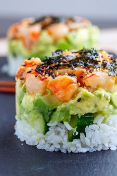 sushi with shrimp and avocado on rice