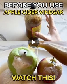 an apple cider vinegar is being squeezed into apples