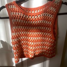 Never Worn, Perfect Condition Size Au 10 But Fits Like Xs Crochet/ Woven Material Casual Crochet Tank Top For Vacation, Casual One Size Crochet Top, One Size Sleeveless Casual Tops, Spring Orange Crochet Top, Casual Open Knit Crop Top For Summer, Orange Knitted Summer Tops, Orange Summer Crochet Top, Summer Orange Knitted Tops, Casual Knitted Crop Top For Vacation