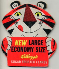 a close up of a sign with a tiger on it's face and the words new large economy size