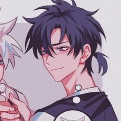 two anime characters with black hair and blue eyes