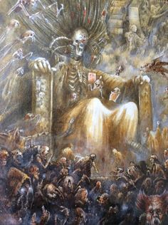 a painting of a skeleton sitting in a chair surrounded by zombies