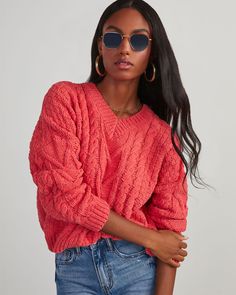 Red %  Corey Relaxed Cable Knit Sweater-1 Cozy Cable Knit V-neck Sweater For Winter, Cozy Long Sleeve Cable Knit V-neck Sweater, Casual Cable Knit V-neck Sweater For Fall, Fall Cable Knit V-neck Sweater, Cozy V-neck Cable Knit Sweater, Cozy Cable Knit V-neck Sweater, Western Wear Dresses, Chunky Cable Knit, Dresses By Length