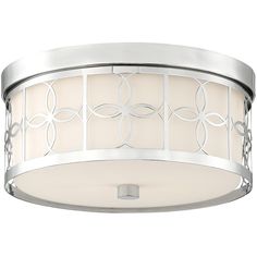 a flush light fixture with white glass and metal details on the bottom, in a chrome finish