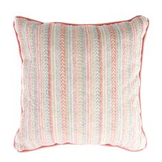 a pink and blue striped pillow on a white background