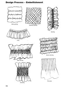 the design process for an embellishment pattern is shown in black and white, with different