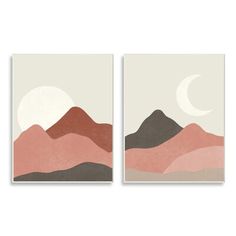 two paintings with mountains and the moon in the sky, one on top of the other