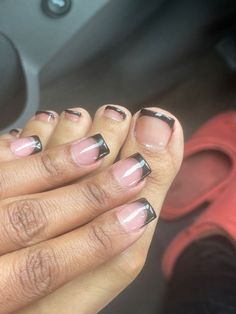 Cute Short Black French Tip Nails, Short Nails Ideas French Tip Black, Clear With Black Tip Nails, Black French Tip Mani Pedi, Black Shirt French Tip, Black French Tip Nails Natural, French Top Toes Black Women, Dark Color French Tip Nails, Short Nail Designs Black French Tips