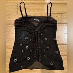 Bottega Veneta Woman’s Brown Top Size 38/Xs Great Condition. Adjustable Straps. Mesh Top With Sequins Decorative Flowers Detail. Front Silk Lace . Made Italy Designer Sleeveless Tops For Evening, Designer Sleeveless Silk Top, Designer Silk Sleeveless Tops, Lace Made, Silk Lace, Brown Top, Decorative Flowers, Bottega Veneta, Flower Decorations