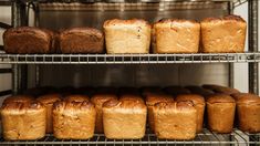 several loafs of bread are on shelves in the oven