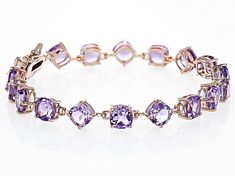 13.86ctw Square Cushion Lavender Amethyst 18k Rose Gold Over Sterling Silver Tennis Bracelet. Measures Approximately 0.31"W. Box Clasp. Stainless Steel Tongue. Luxury Amethyst Bracelets For Formal Occasions, Luxury Purple Bracelets For Wedding, Elegant Lavender Amethyst Bracelets, Elegant Lavender Amethyst Bracelet, Silver Tennis Bracelet, Lavender Amethyst, Box Clasp, Heart Bracelet, Tennis Bracelet