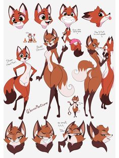 an animal character sheet with various poses and expressions, including the fox's head