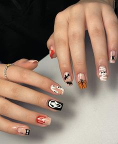 October Nails Short Natural, Spooky Halloween Nails Square, Cool Biab Nails, Halloween Nails On Natural Nails, Halloween Nails Natural Nail, Short Gel Nail Designs Halloween, Short Square Nail Designs Halloween, October Nails Short Square, Halloween Overlay Nails