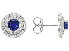 0.90ctw Round Lab Created Blue Spinel with 0.67ctw Round White Cubic Zirconia Rhodium Over Sterling Silver Set of 2 Earrings. Earrings Measure Approximately 0.43" and 0.39" Round. Blue Round Cut Earrings With Halo Setting, Elegant Blue Round Cut Diamond Earrings, Silver Sapphire Earrings With Pave Setting, White Gold Round Lab-created Sapphire Earrings, Silver Sapphire Round Cut Diamond Earrings, White Gold Lab-created Sapphire Round Earrings, Sapphire Round Cut Sterling Silver Earrings, Blue Round Sterling Silver Crystal Earrings, Nickel-free Blue Circular Earrings