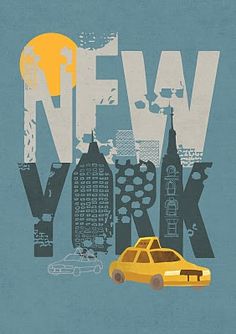 a yellow taxi cab is parked in front of the new york city skyline on blue paper