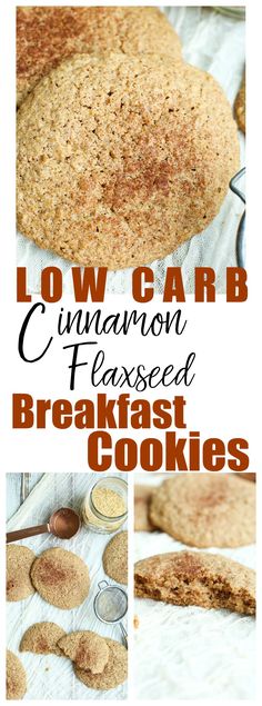 low carb cinnamon flaxseed breakfast cookies on a baking sheet with text overlay