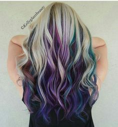 Purple And Teal Highlights Blonde Hair, Hair Color Unique Peekaboo, Mermaid Hair Color Peekaboo, Blonde Mermaid Hair, Holiday Hair Color, Exotic Hair, Exotic Hairstyles, Mermaid Hair Color, Hairstyle Color