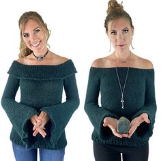 two women wearing off shoulder sweaters and one holding an object in her hands while the other looks at the camera