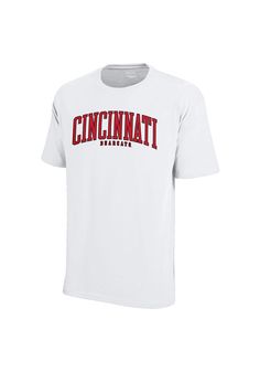 Show off your team pride in this Cincinnati Bearcats White Arch Short Sleeve T Shirt! This Cincinnati Short Sleeve Tee features a screen printed wordmark "Cincinnati Bearcats" arched across the front. Make sure everyone knows you root for the Bearcats with this White Cincinnati T Shirt. Go Bearcats!! Classic short sleeve tee, Crew neckline, Screen print team graphics on center chest, Tagless neckline, Unisex, 100% Cotton Graphic Tee T-shirt For Fan Gear, Short Sleeve Graphic Tee For Fan Gear, Graphic Tee T-shirt With Short Sleeves For Fan Gear, White T-shirt With Team Name For Summer, Graphic Tee T-shirt With Team Name For Summer, White T-shirt For Summer Fan Gear, Collegiate Short Sleeve Team-colored T-shirt, Collegiate Short Sleeve T-shirt, Summer Game Day T-shirt With Team Name