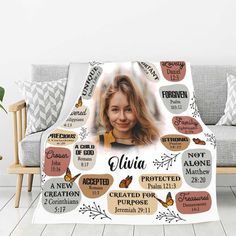 personalized flee blanket with your name and photo on it in the middle of a living room