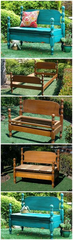 four different colored benches sitting in the grass