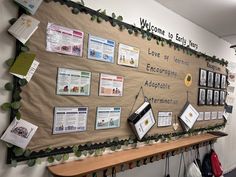 the bulletin board is covered with pictures and information for each student's upcoming project