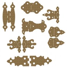 an assortment of metal latches on white background